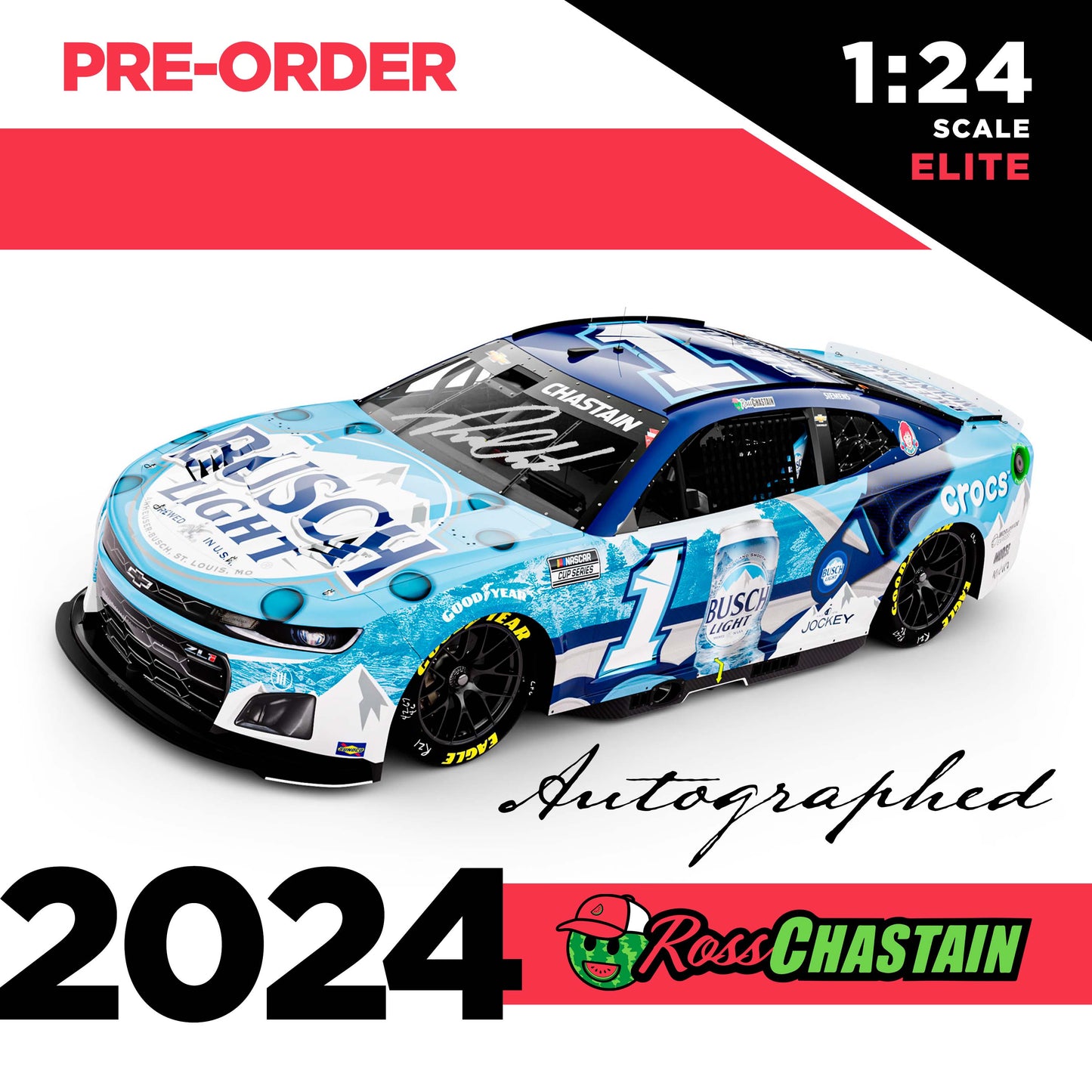 AUTOGRAPHED Ross Chastain 2024 No.1 1:24 Busch Light CROCS ELITE DIE-CAST