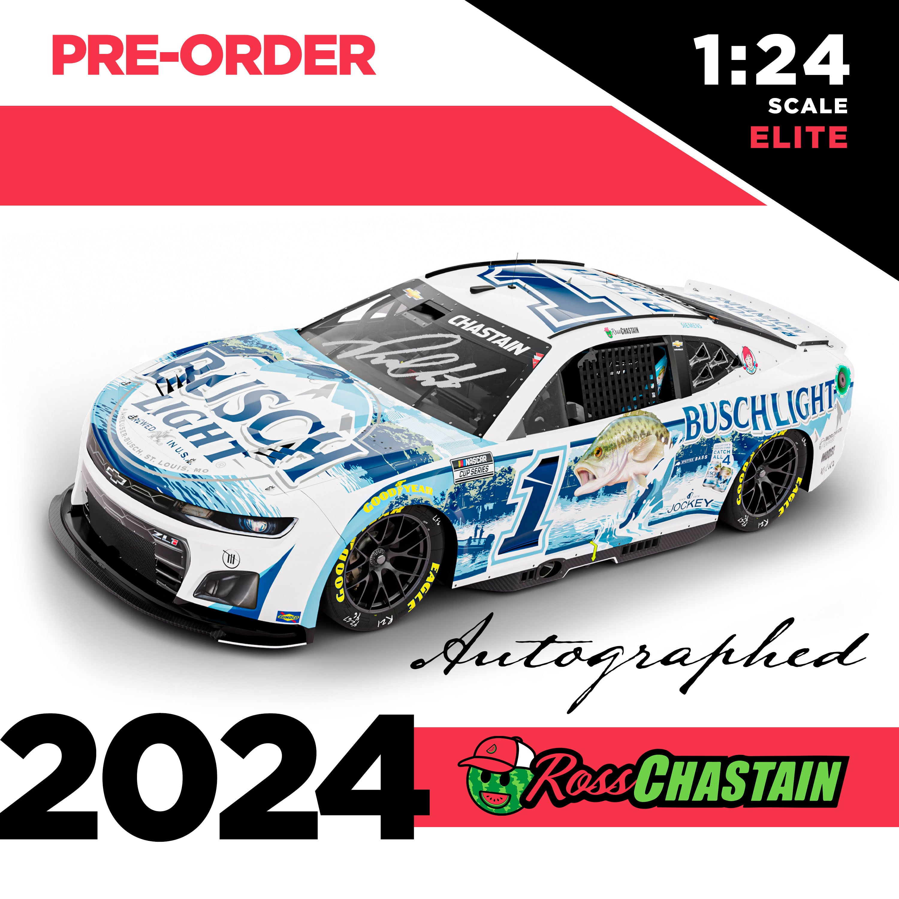 AUTOGRAPHED Ross Chastain 2024 No.1 1:24 Busch Light FISHING ELITE