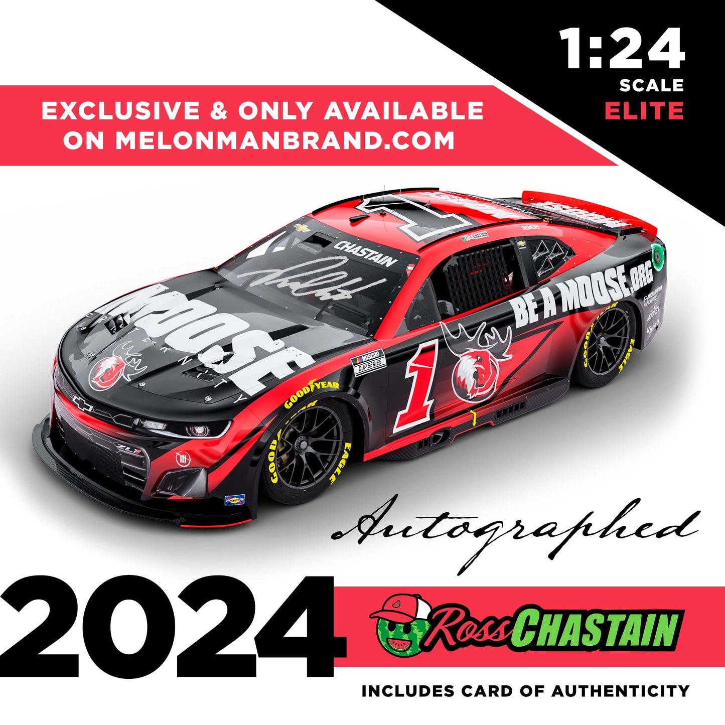 AUTOGRAPHED Ross Chastain 2024 No.1 1:24 ELITE MOOSE DIE-CAST