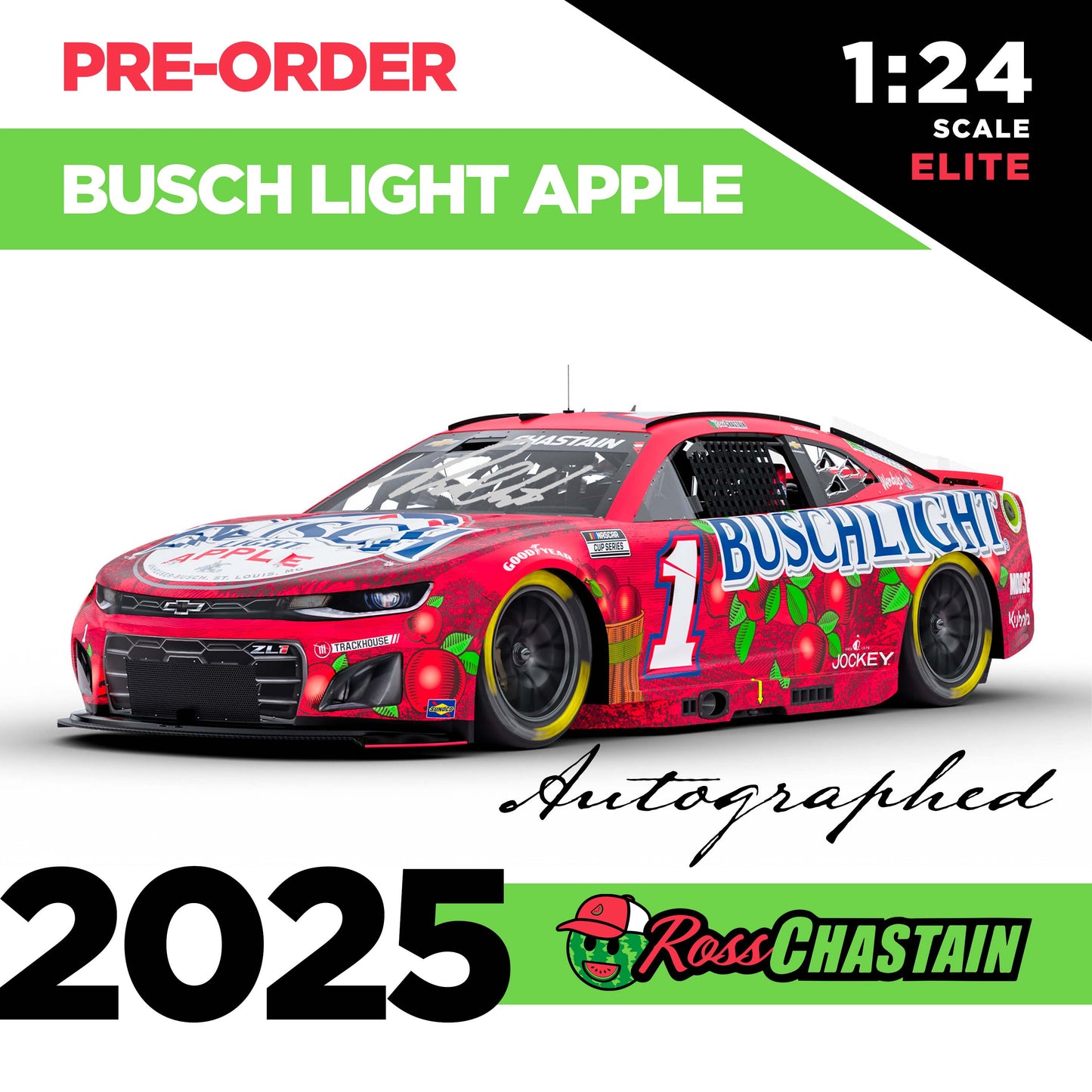 AUTOGRAPHED Ross Chastain 2025 No.1 1:24 Busch Light Apple ELITE DIE-CAST