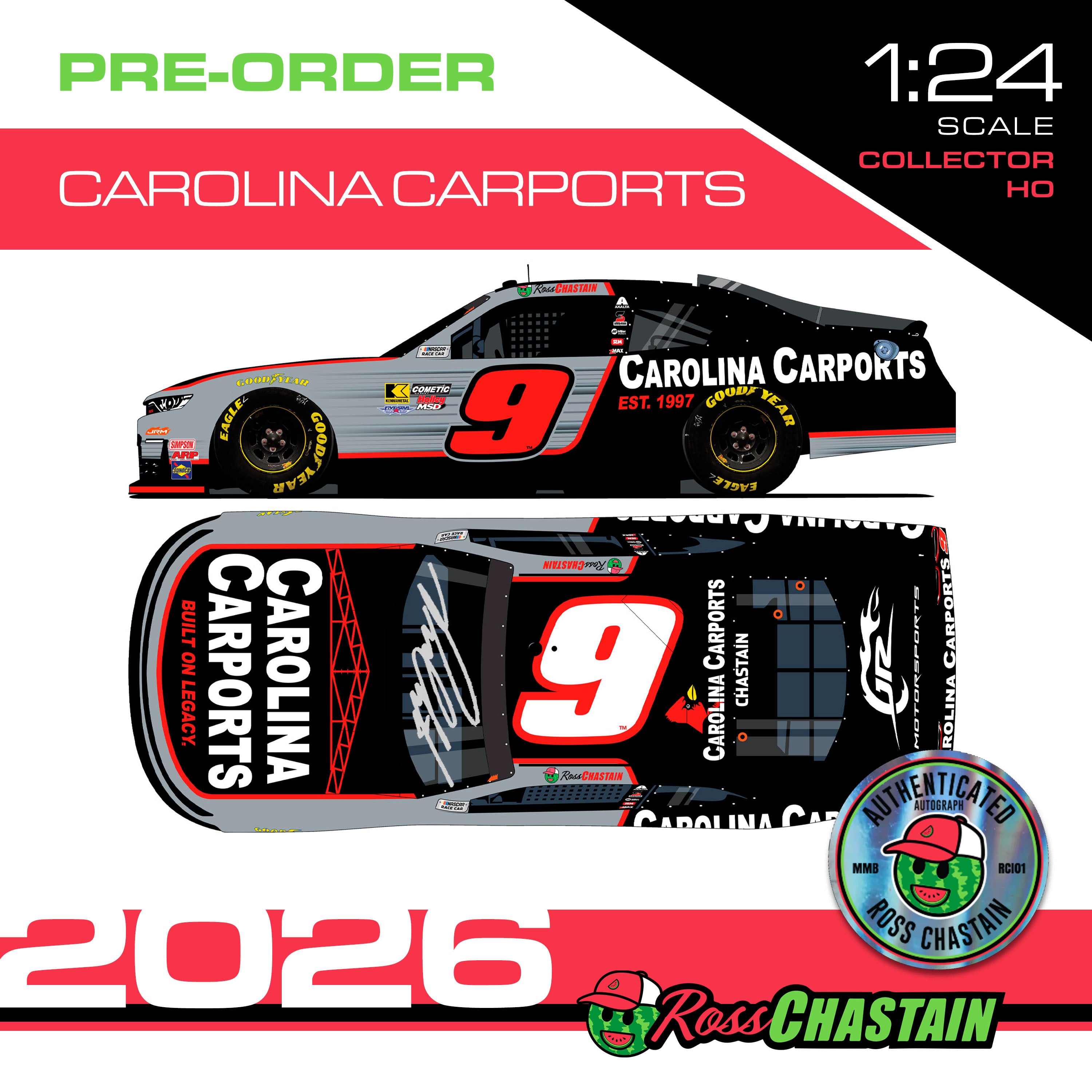 AUTOGRAPHED Ross Chastain 2026 No.9 1:24 Carolina Carports DIE-CAST