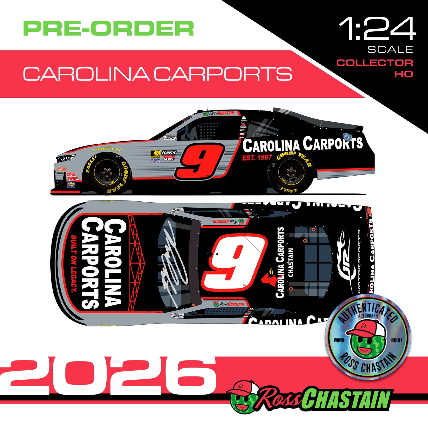 AUTOGRAPHED Ross Chastain 2026 No.9 1:24 Carolina Carports DIE-CAST