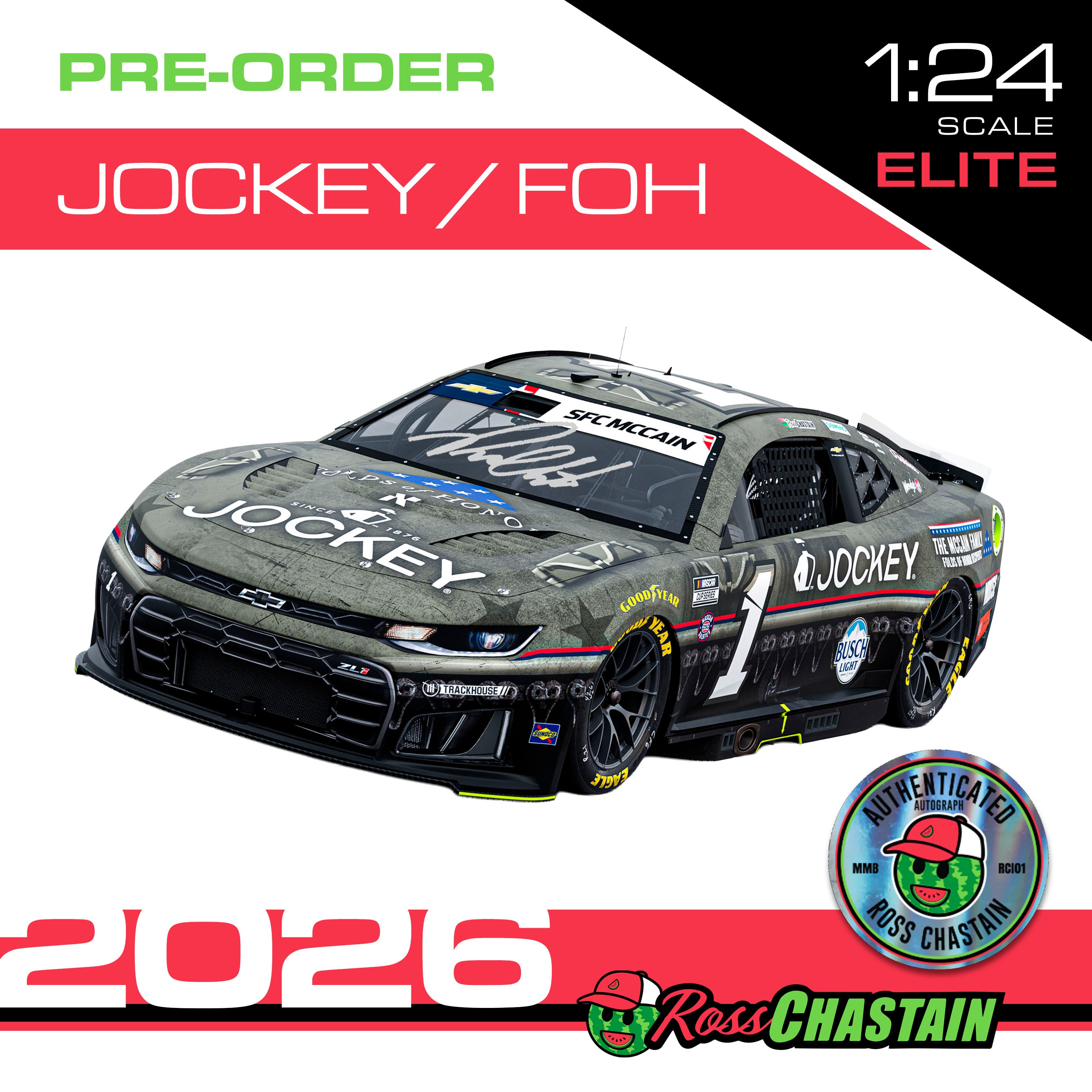 AUTOGRAPHED Ross Chastain 2026 No.1 1:24 ELITE Jockey Folds of Honor D