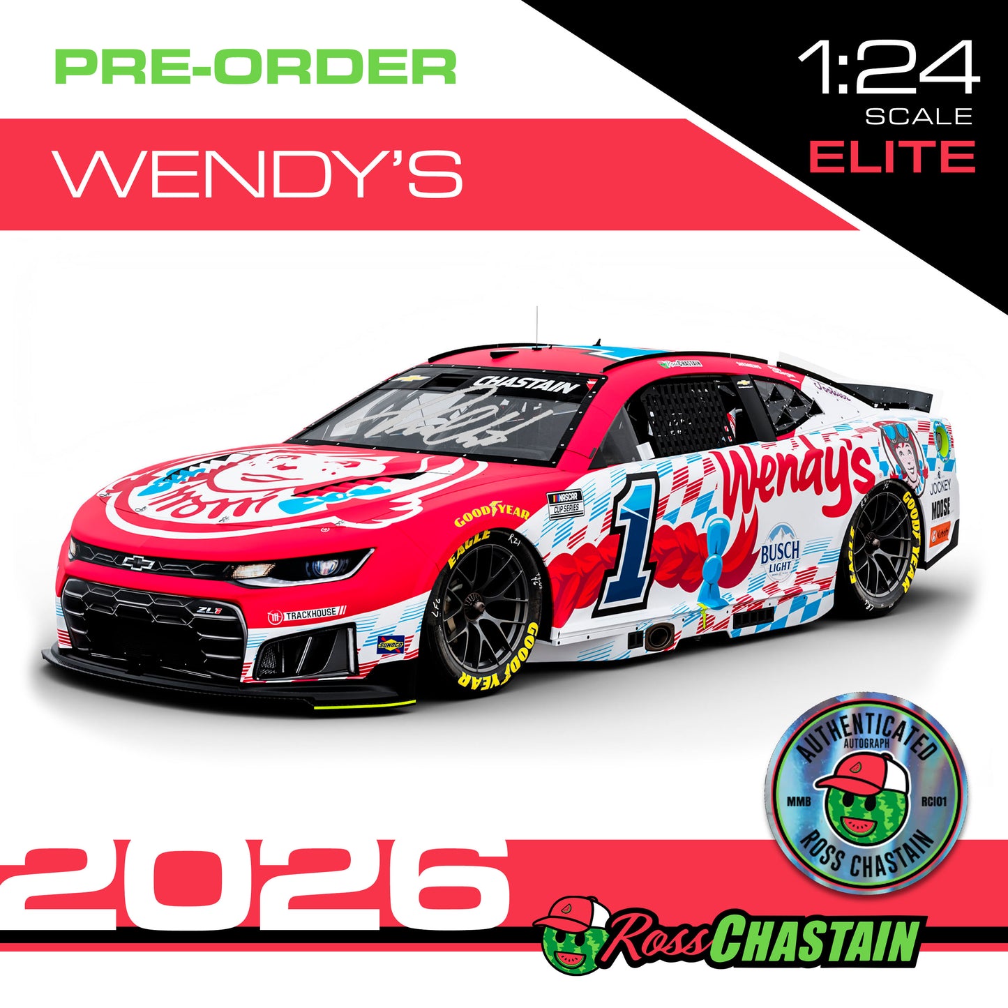 AUTOGRAPHED Ross Chastain 2026 No.1 1:24 ELITE Wendy's DIE-CAST