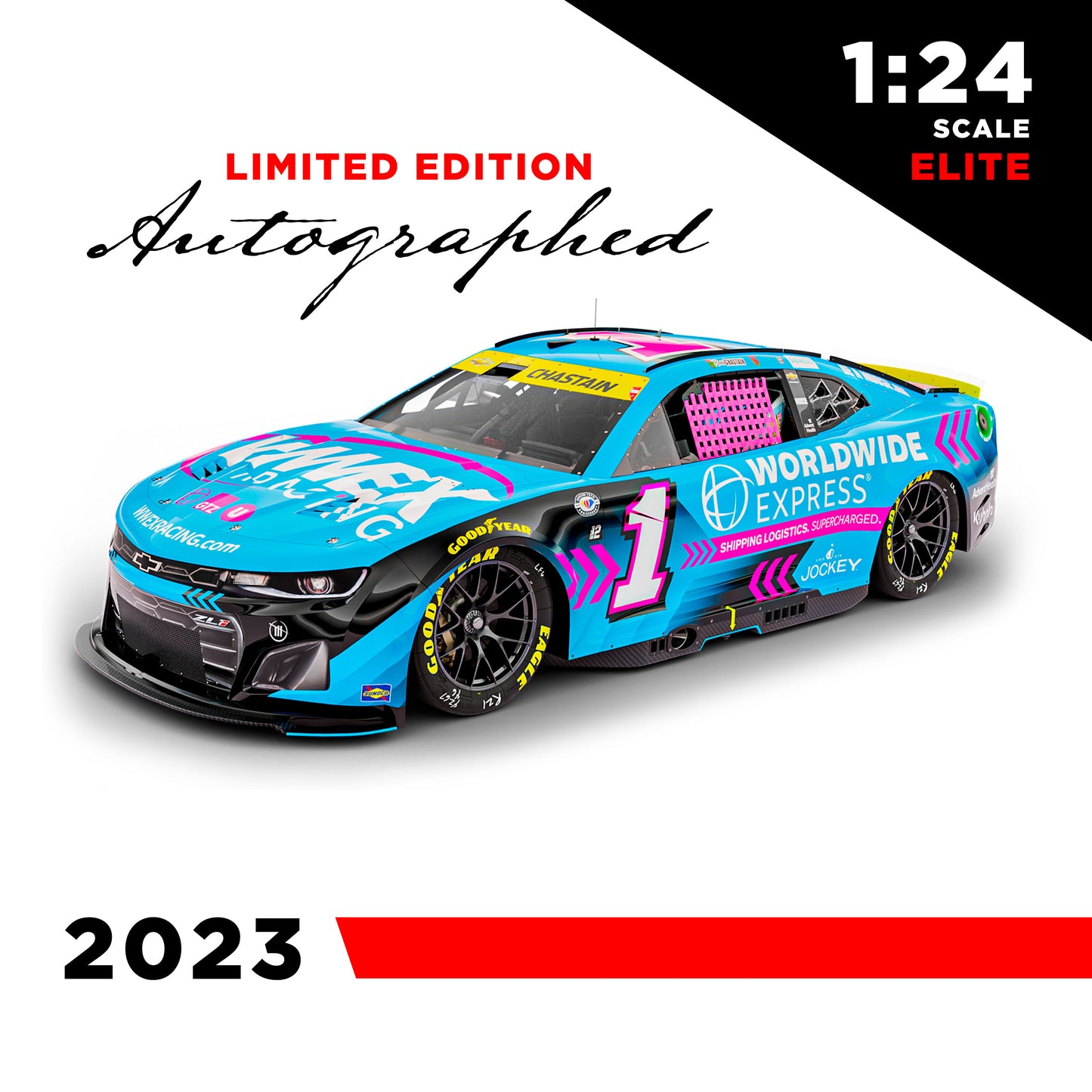AUTOGRAPHED Ross Chastain #1 2023 1:24 ELITE WORLDWIDE EXPRESS PINK DIE-CAST