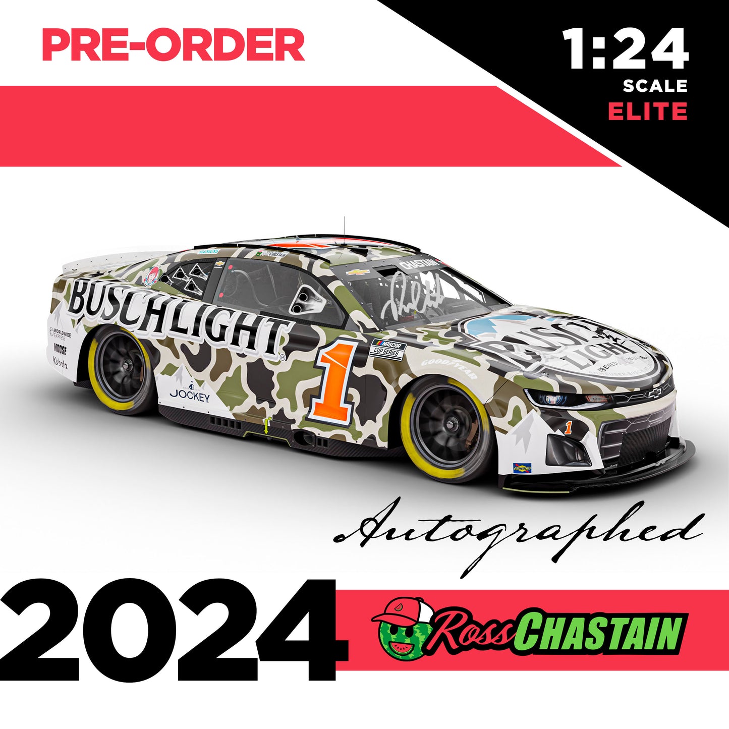 AUTOGRAPHED Ross Chastain 2024 No.1 1:24 Busch Light CAMO ELITE DIE-CAST