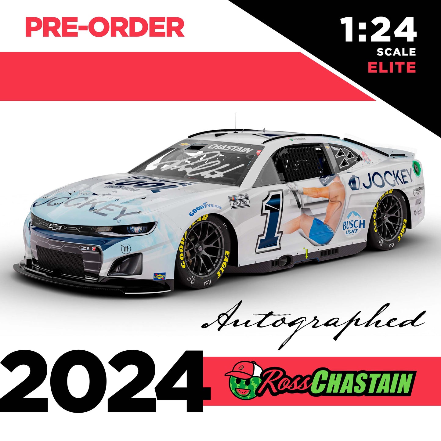 AUTOGRAPHED Ross Chastain 2024 No.1 1:24 JOCKEY Infinite Cool ELITE DIE-CAST