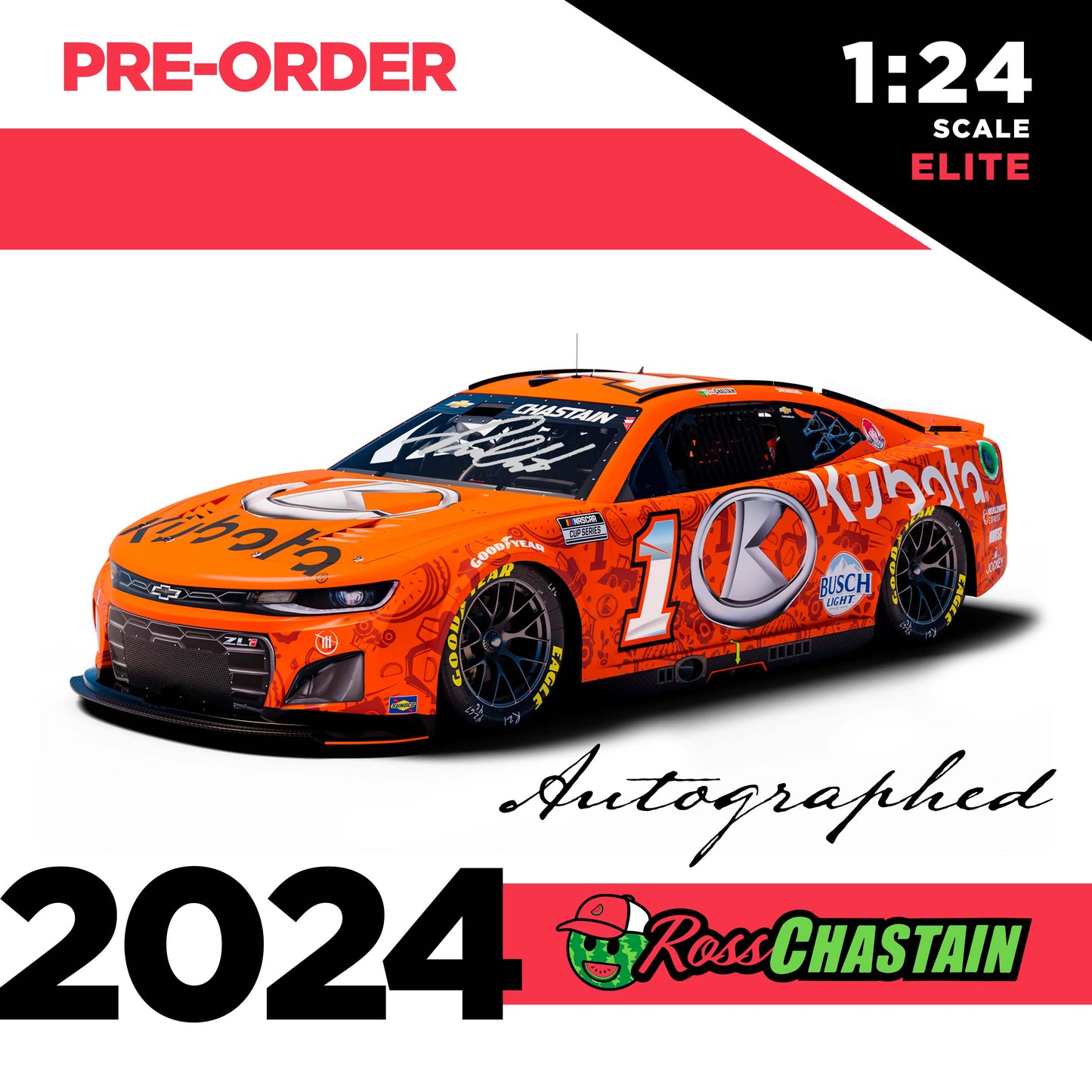 AUTOGRAPHED Ross Chastain 2024 No.1 1:24 Kubota Watermelon ELITE DIE-CAST