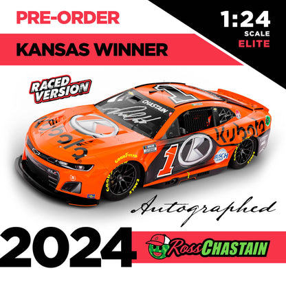 AUTOGRAPHED Ross Chastain 2024 No.1 1:24 Kubota ELITE DIE-CAST KANSAS WINNER