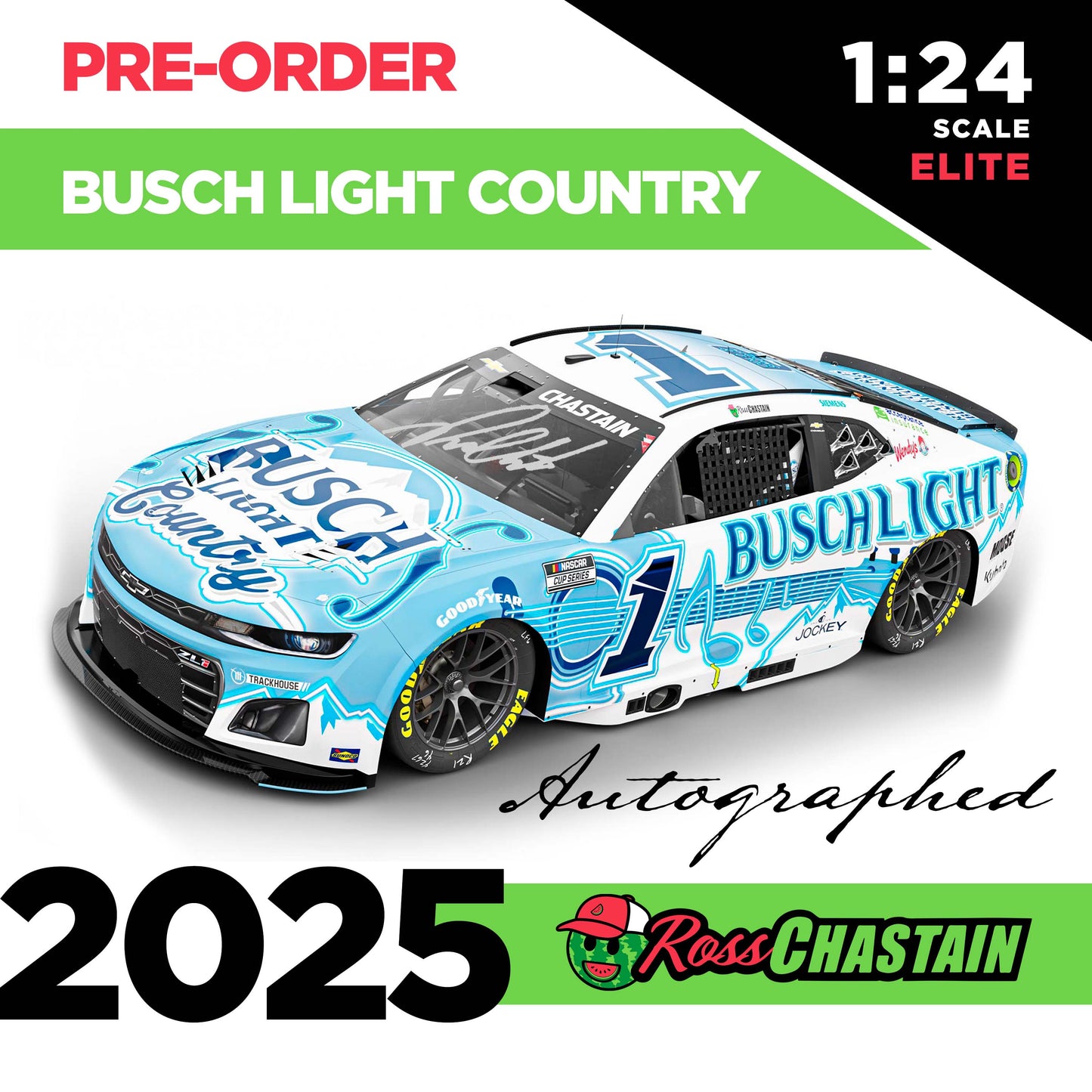 AUTOGRAPHED Ross Chastain 2025 No.1 1:24 Busch Light Country ELITE DIE-CAST