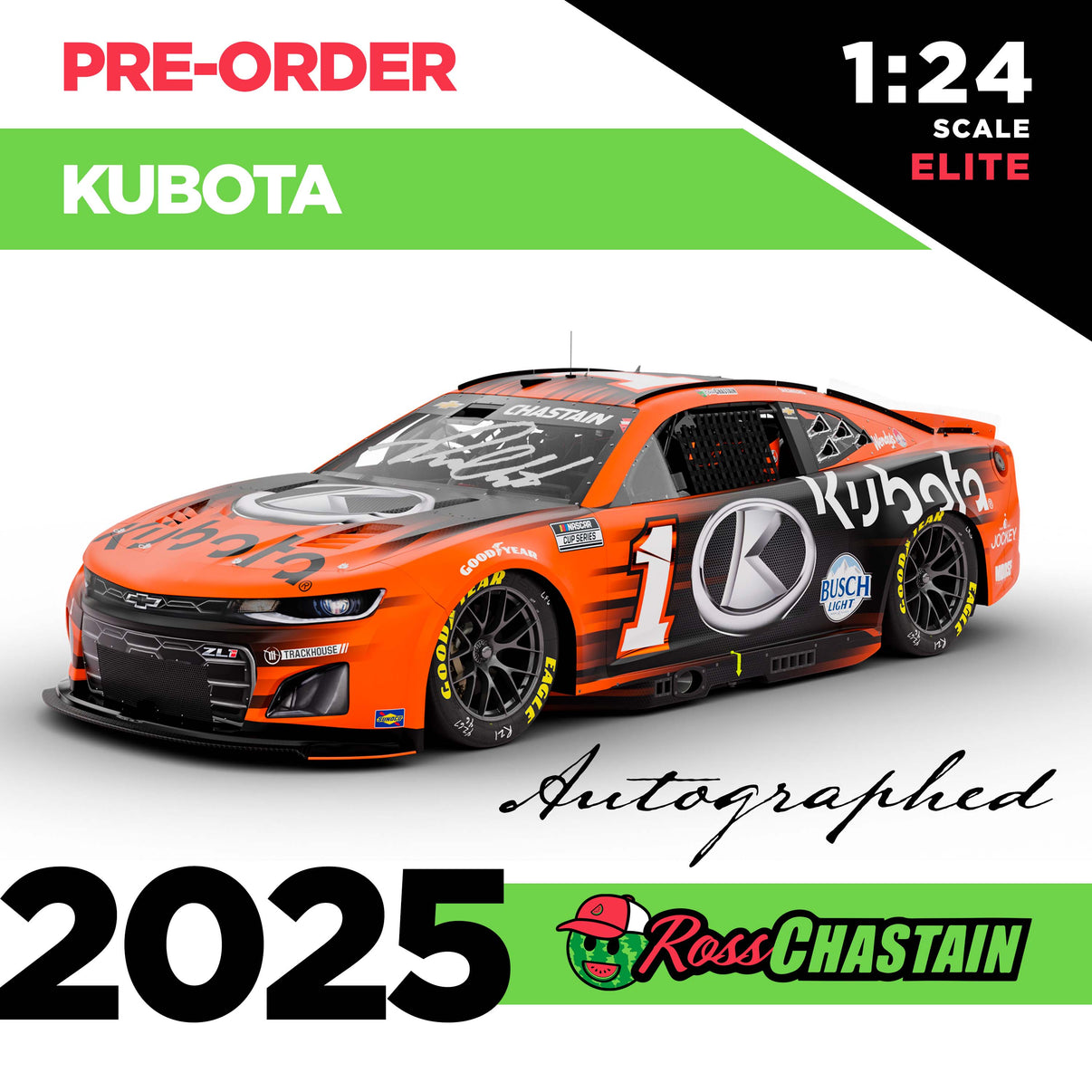 AUTOGRAPHED Ross Chastain 2025 No.1 124 Kubota ELITE DIECAST Melon