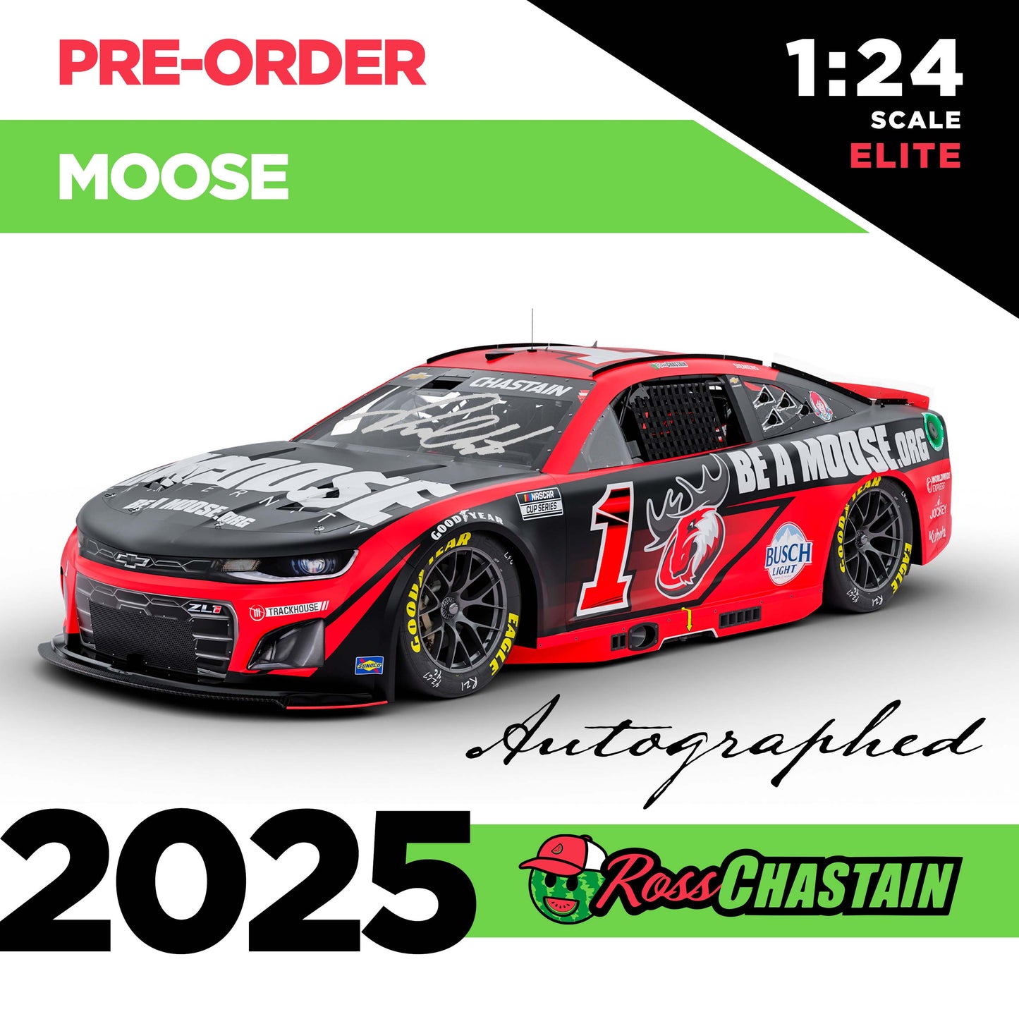 AUTOGRAPHED Ross Chastain 2025 No.1 1:24 MOOSE ELITE DIE-CAST