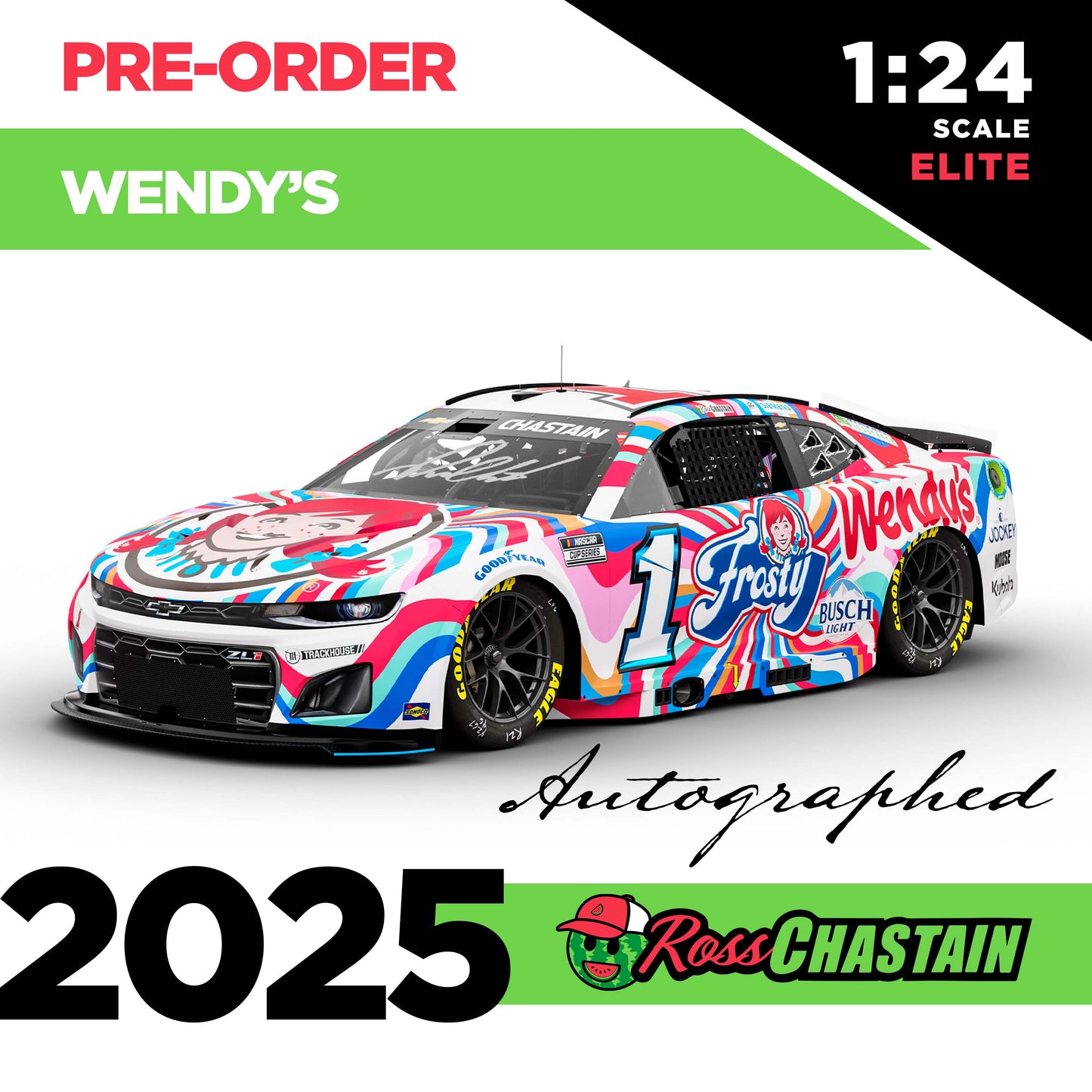 AUTOGRAPHED Ross Chastain 2025 No.1 1:24 Wendy's ELITE DIE-CAST